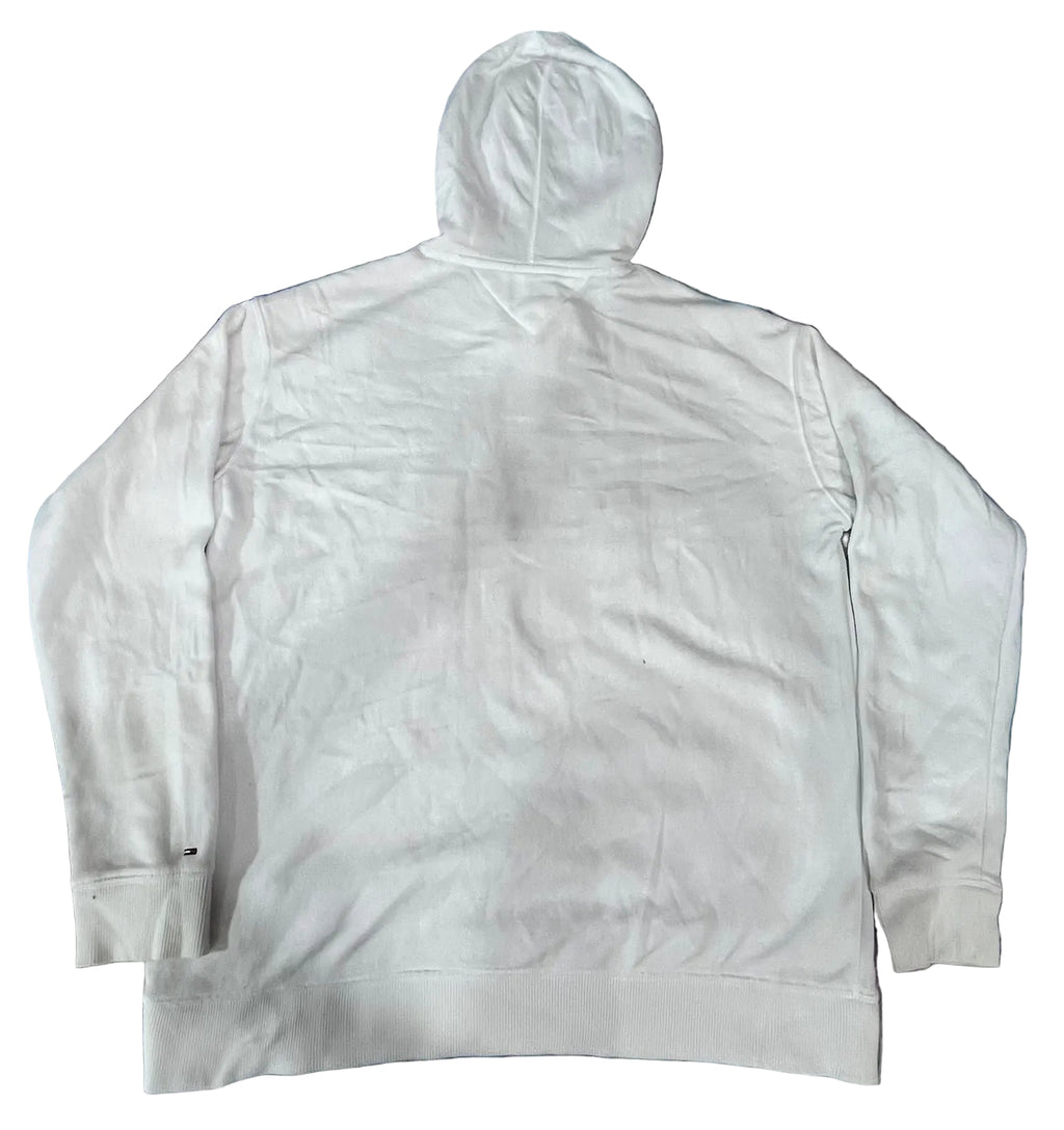 A plain white hooded sweatshirtThe image shows the back of the hoodie with no visible branding or graphics.
