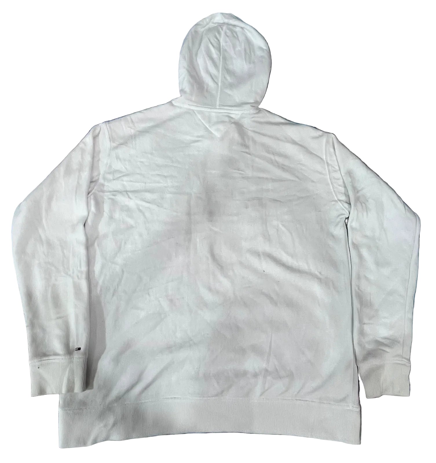 A plain white hooded sweatshirtThe image shows the back of the hoodie with no visible branding or graphics.