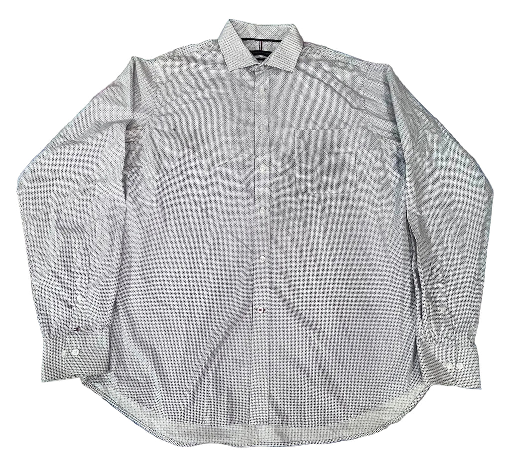 A light gray and white micro-patterned long-sleeve button-down shirt 