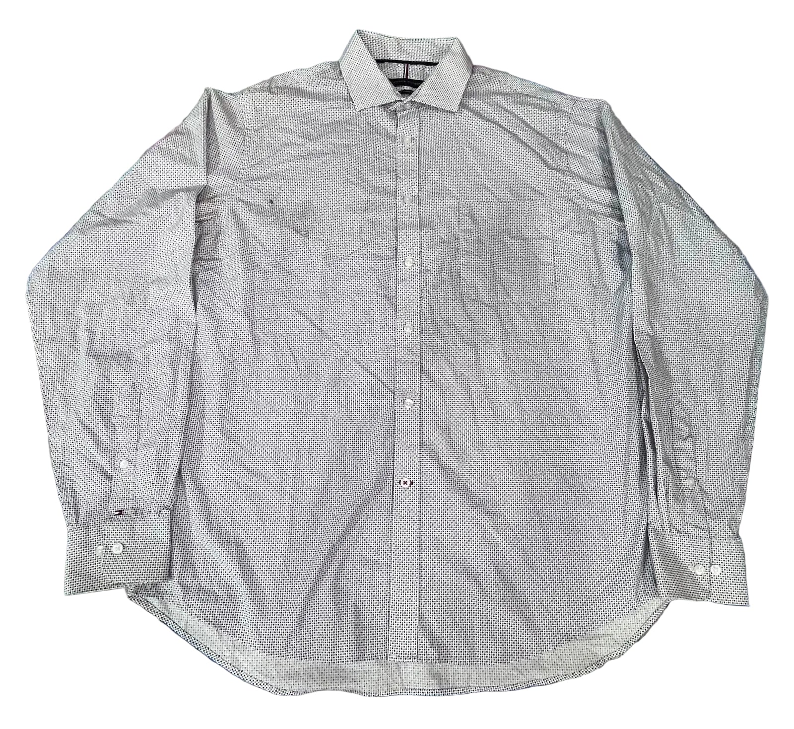 A light gray and white micro-patterned long-sleeve button-down shirt 