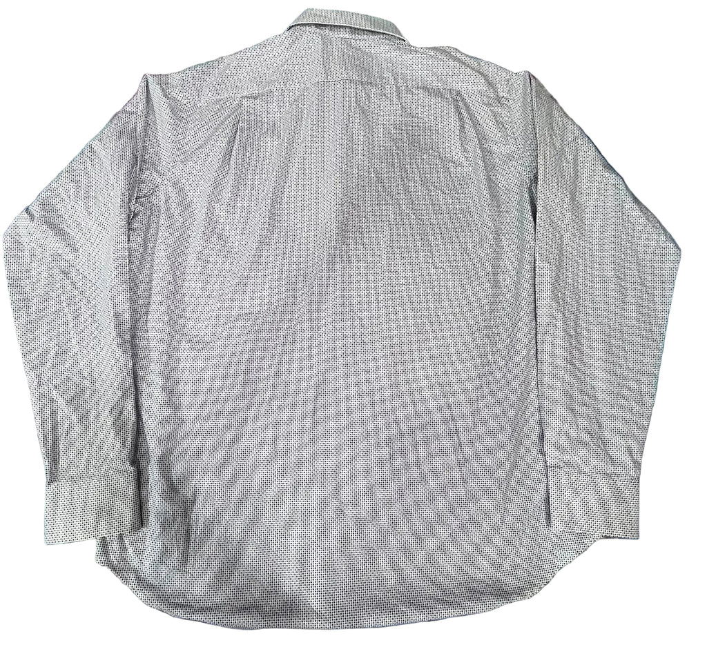 A light gray and white micro-patterned long-sleeve button-down shirt 