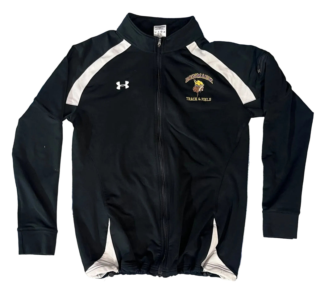 A black Under Armour track jacket with white side and shoulder stripes, . The left chest features a white Under Armour logo, and the right chest has a gold and white 'Buckeye High School Track & Field' graphic.