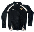 A black Under Armour track jacket with white side and shoulder stripes, . The left chest features a white Under Armour logo, and the right chest has a gold and white 'Buckeye High School Track & Field' graphic.
