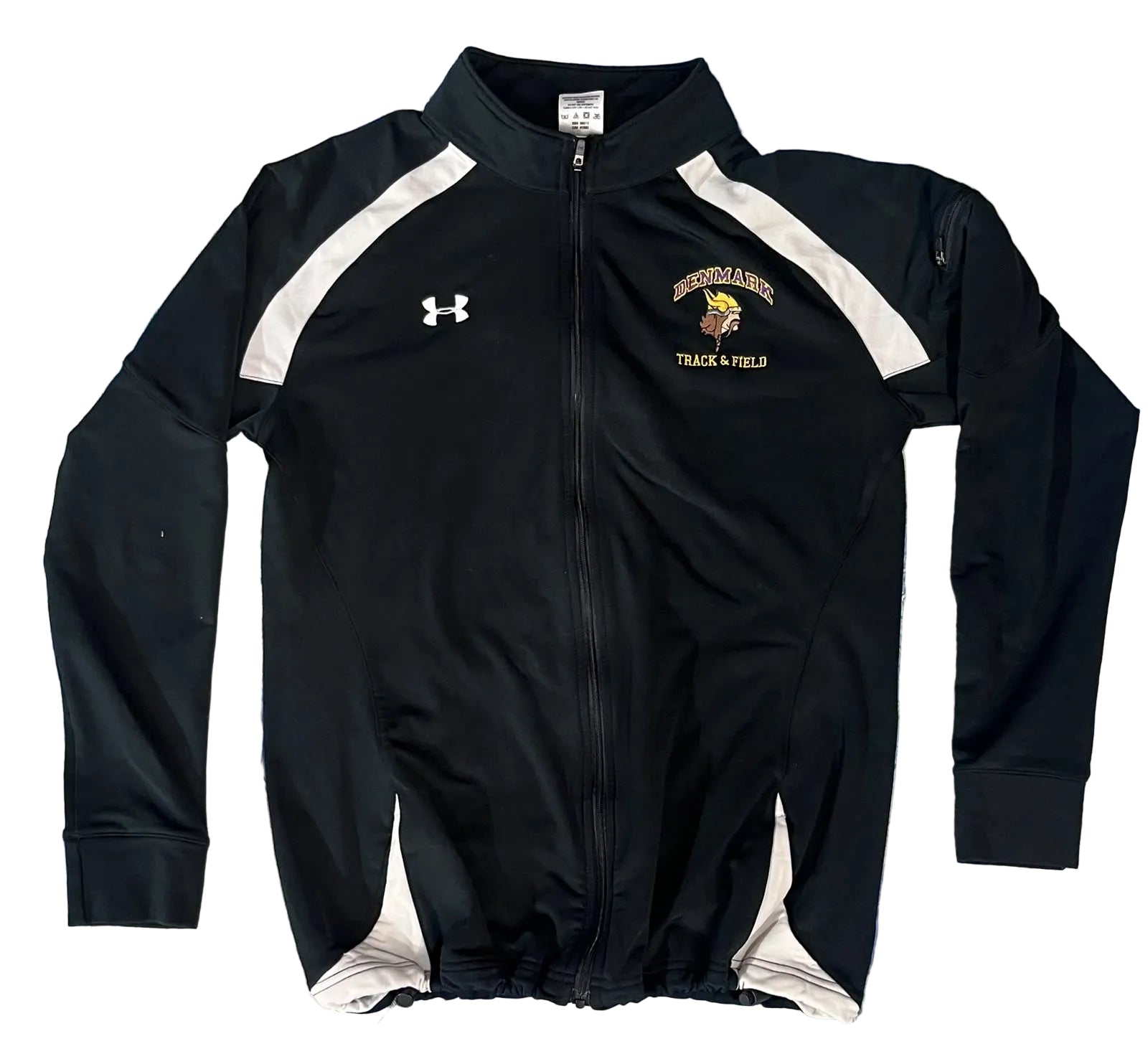 A black Under Armour track jacket with white side and shoulder stripes, . The left chest features a white Under Armour logo, and the right chest has a gold and white 'Buckeye High School Track & Field' graphic.