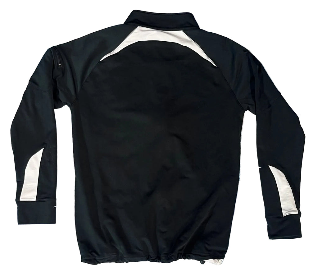 A black long-sleeve athletic jacket with white contrast panels on the shoulders and sleeves, 