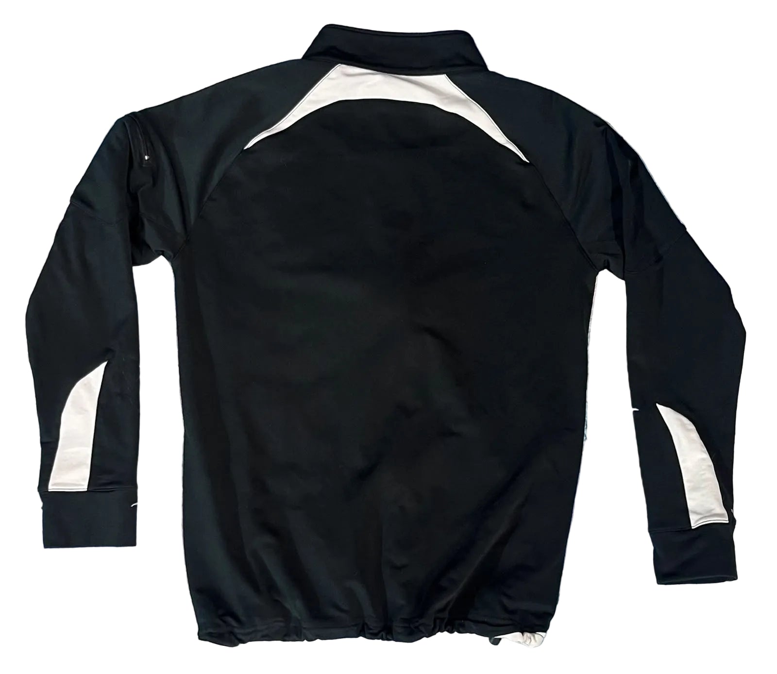A black long-sleeve athletic jacket with white contrast panels on the shoulders and sleeves, 