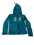 A teal Under Armour zip-up hoodie with yellow and green graphic accents on the chest and hood,