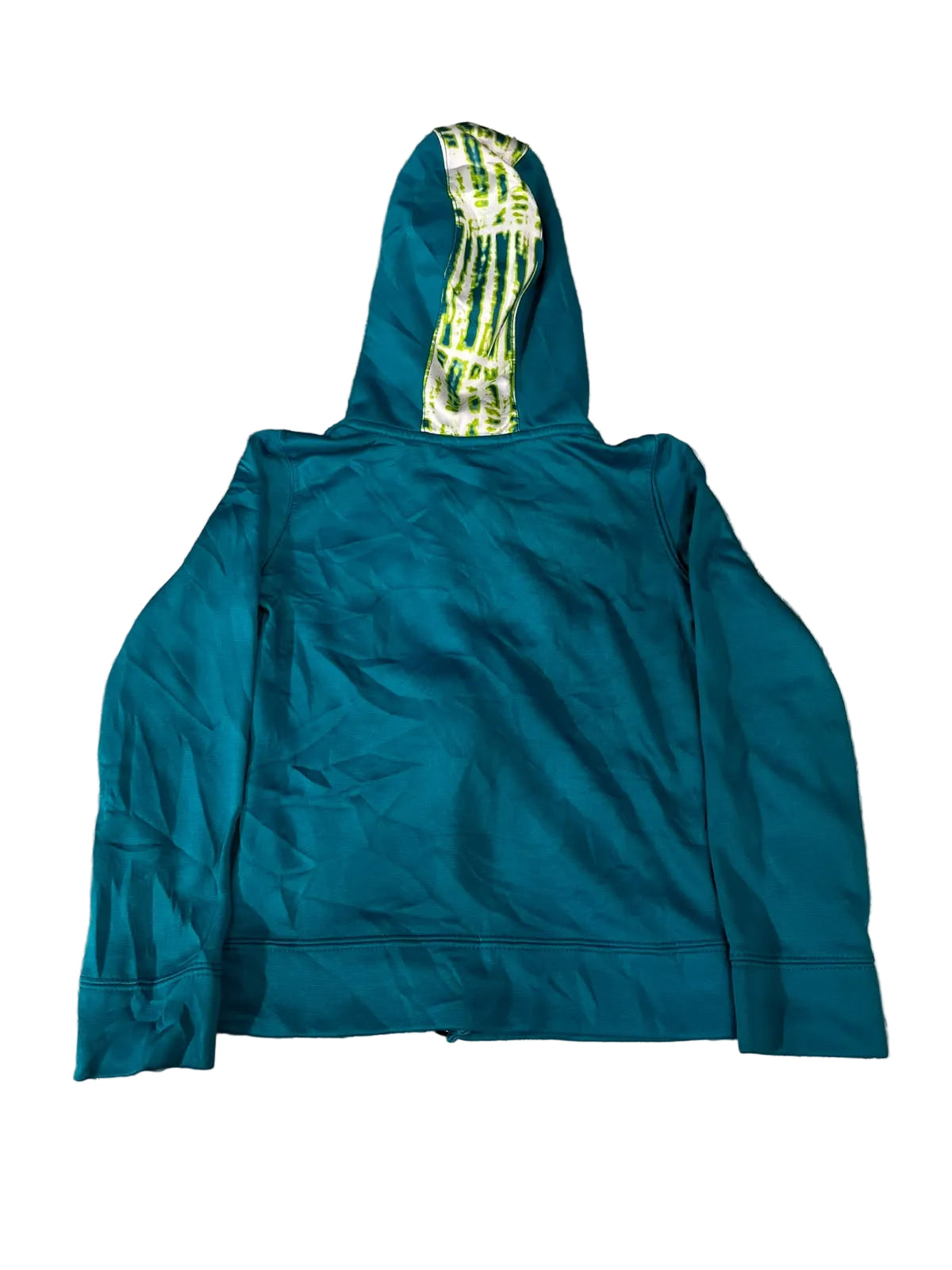 A teal green hooded sweatshirt featuring a lime green and yellow tie-dye pattern down the center of the hood.