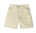 A pair of light beige cargo shorts with a button closure and side pockets