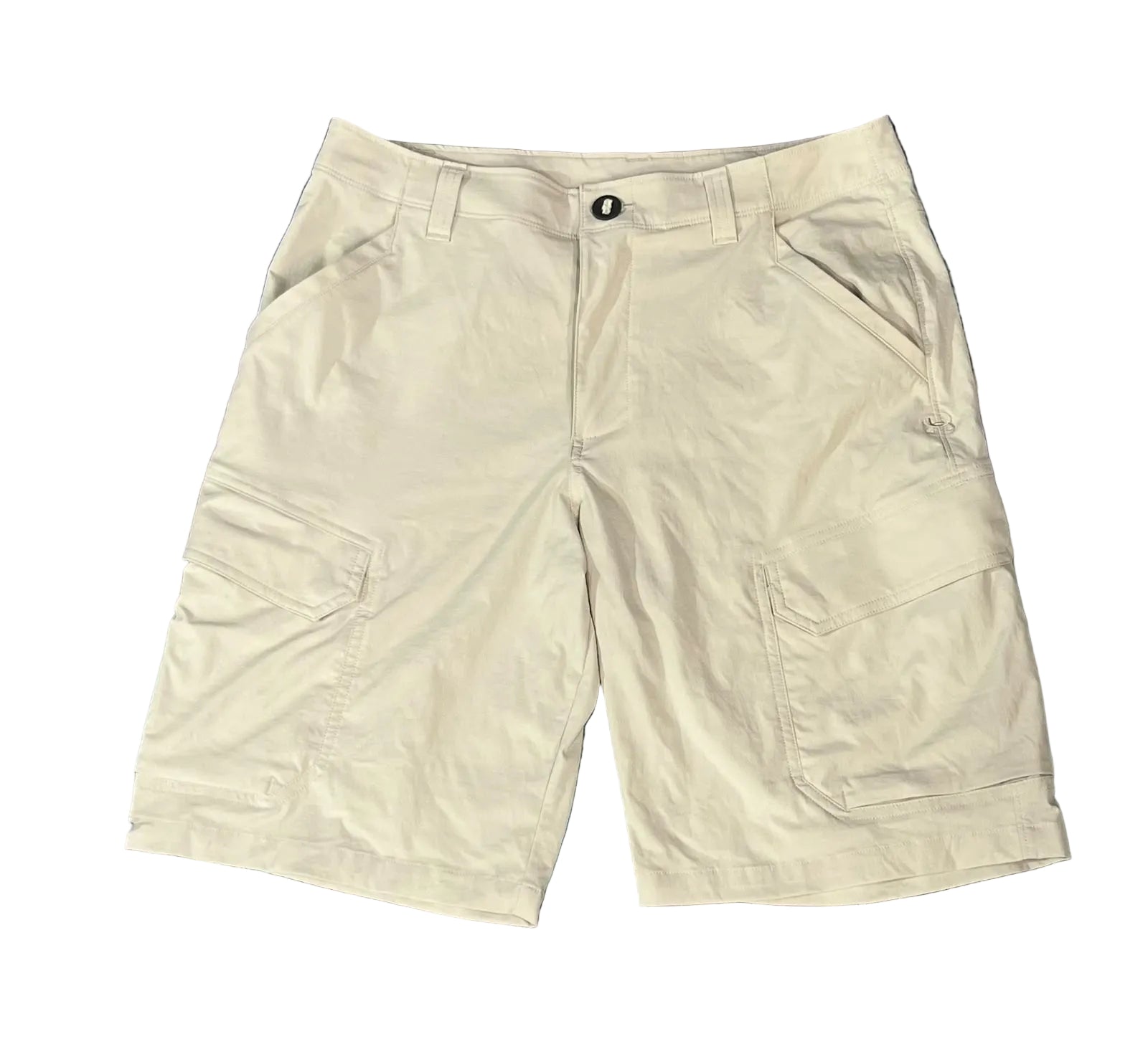 A pair of light beige cargo shorts with a button closure and side pockets