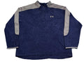 A navy blue Under Armour quarter-zip pullover jacket with gray shoulder and sleeve panels,