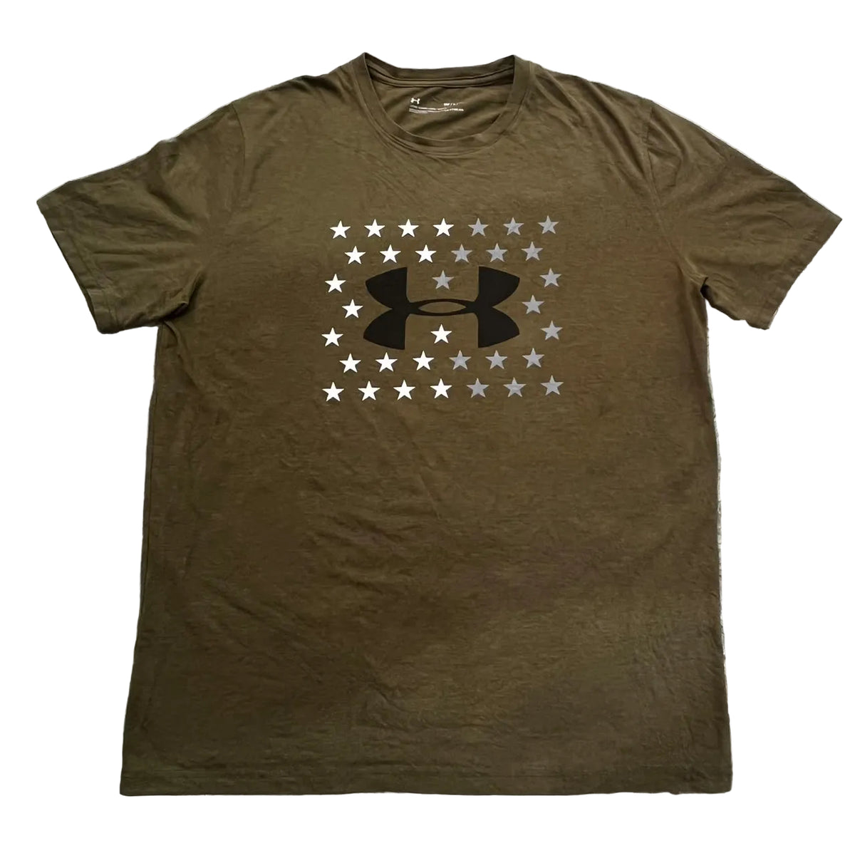 An olive brown Under Armour t-shirt  featuring a central graphic of a black Under Armour logo surrounded by a grid of white stars.