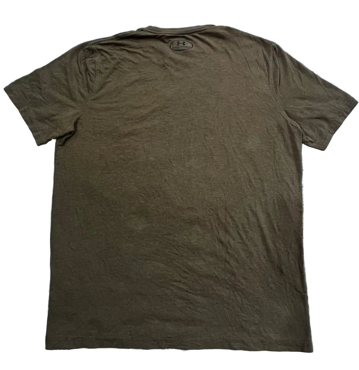 An olive brown short-sleeve t-shirt , showing the back side with a small black graphic printed inside the collar.