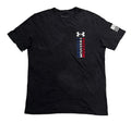 A black Under Armour short-sleeve t-shirt . The shirt features a white Under Armour logo above a vertical graphic reading 'FREEDOM' in white, blue, and red stripes.