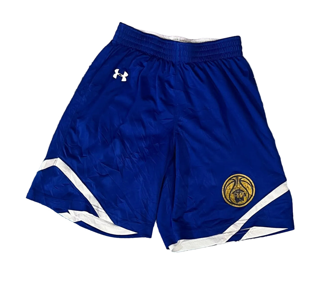 Blue athletic shorts with white diagonal stripes near the hem, a white Under Armour logo 