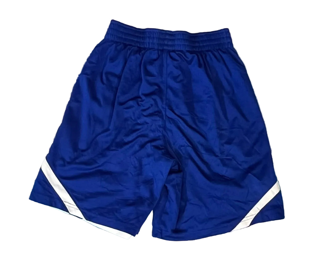 Blue athletic shorts with white diagonal stripes near the hem.