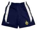 Navy blue Under Armour athletic shorts with white side stripes and a yellow Los Angeles Lakers anchor logo,