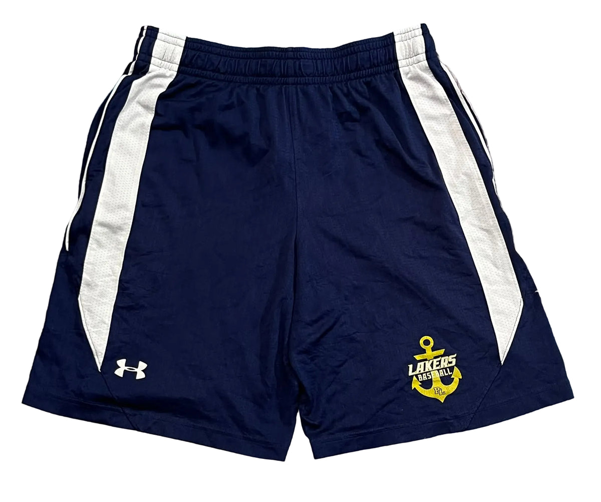 Navy blue Under Armour athletic shorts with white side stripes and a yellow Los Angeles Lakers anchor logo,