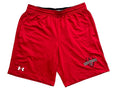Red athletic shorts with Under Armour logo and 'EXTRAORDINARY' text graphic, 