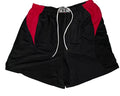 Black athletic shorts with red side panels and a white drawstring