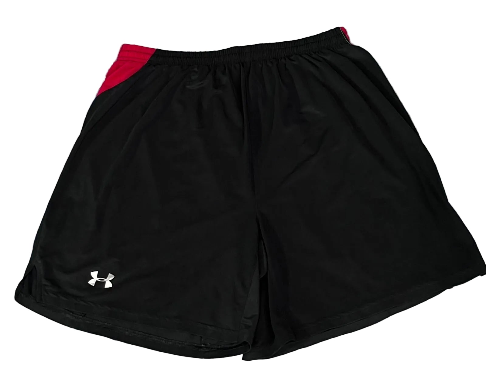 Black Under Armour athletic shorts with a red side panel and a white logo on the lower left leg