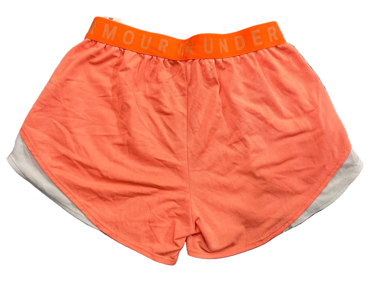 Bright orange athletic shorts with a matching orange elastic waistband featuring the brand name 'MOURN UNDER' in white, layered over a white athletic liner,