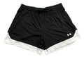 Black athletic shorts with white side panels and a white Under Armour logo on the lower right leg, 