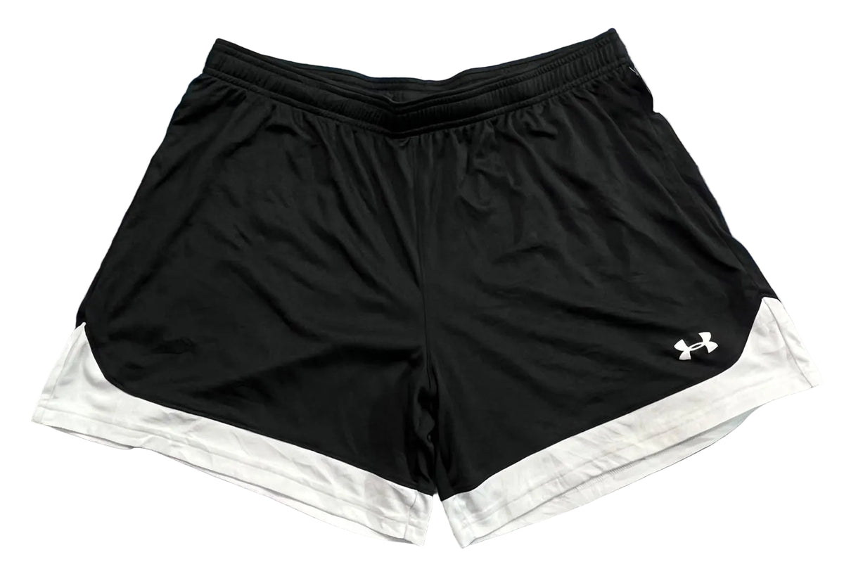 Black athletic shorts with white side panels and a white Under Armour logo on the lower right leg, 