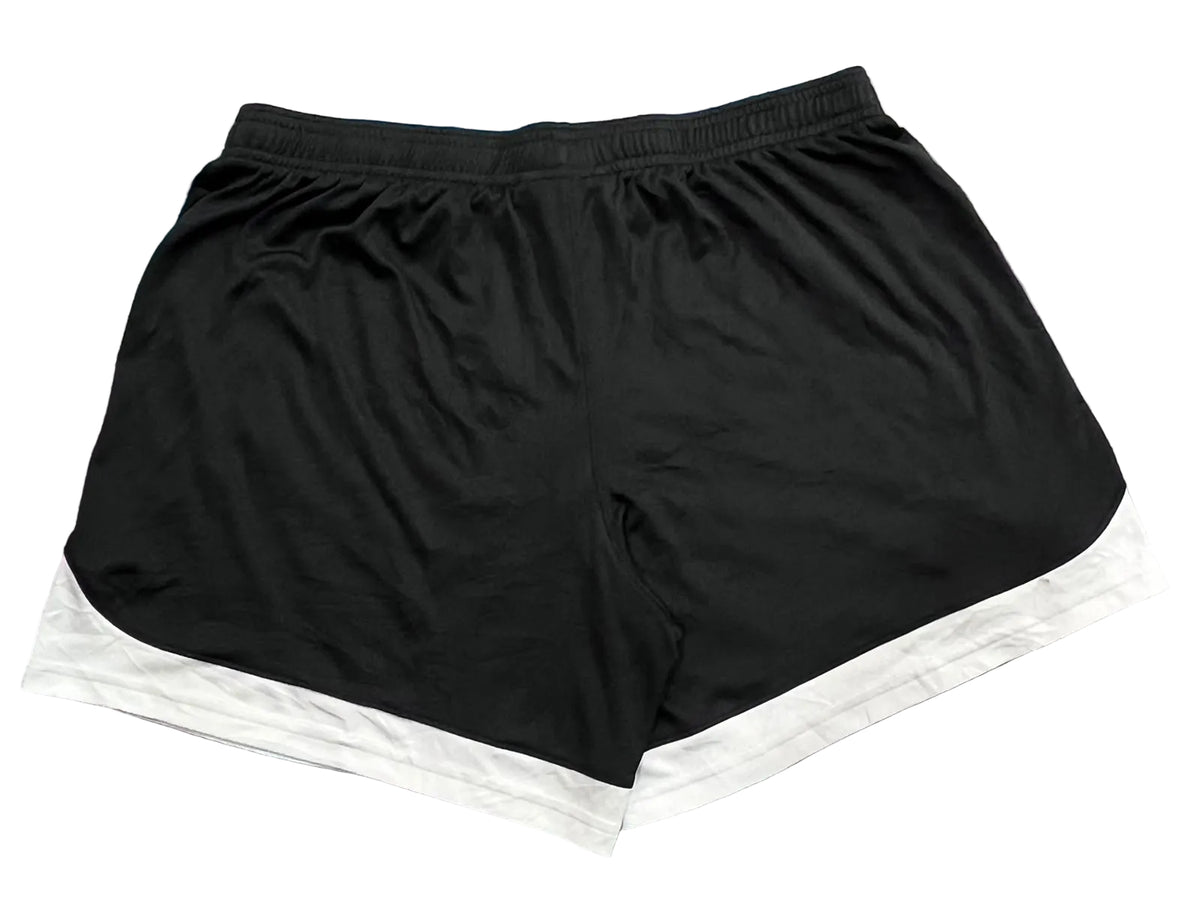 Black athletic shorts with a white contrast hem,