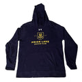 A navy blue Under Armour hoodie with a yellow 'Prior Lake Soccer Club' graphic on the front,