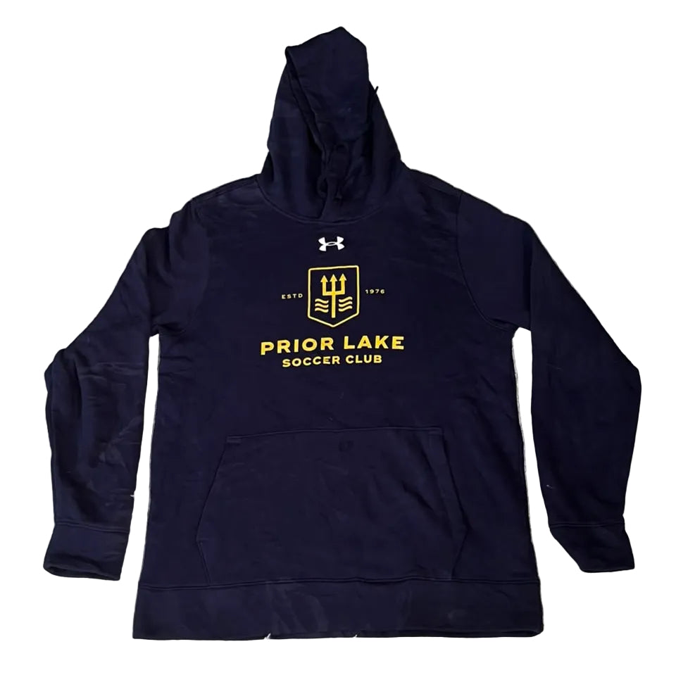 A navy blue Under Armour hoodie with a yellow 'Prior Lake Soccer Club' graphic on the front,