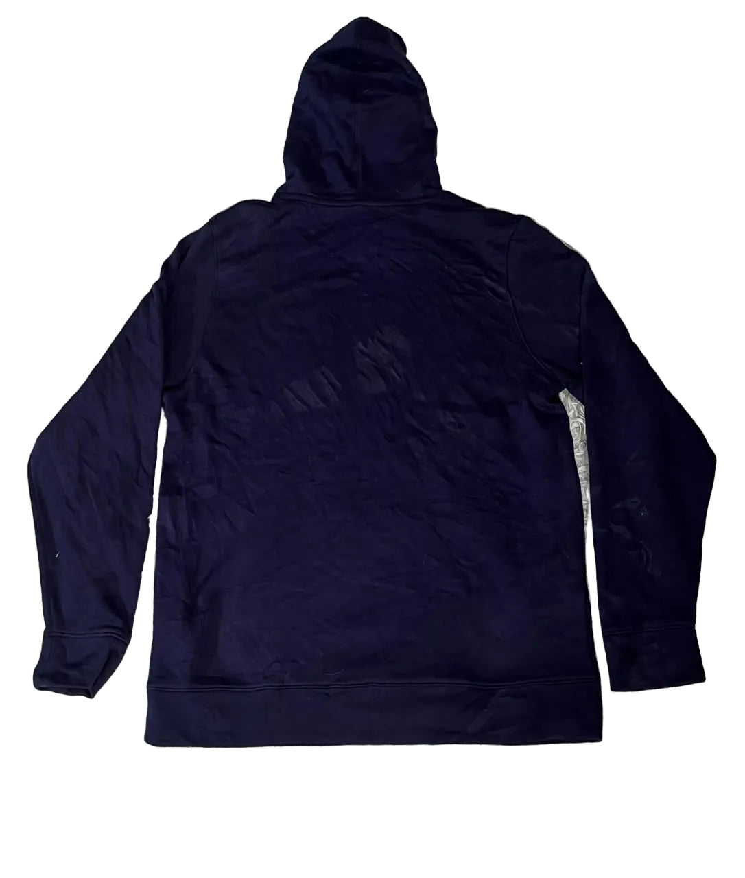 A dark navy blue zip-up hoodie on the whit background 