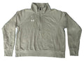 A gray Under Armour quarter-zip pullover sweatshirt  textured shag rug. The sweatshirt features a white Under Armour logo on the left chest.
