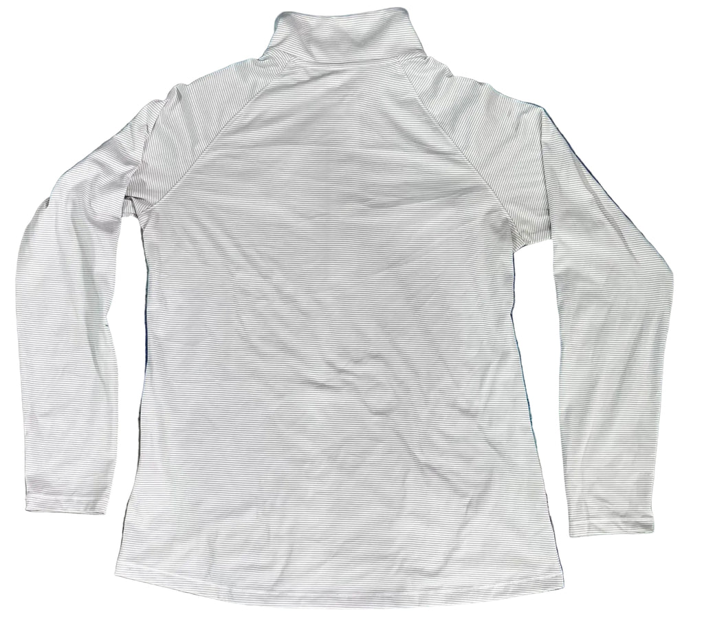 A white long-sleeve athletic top with a mock neck collar,