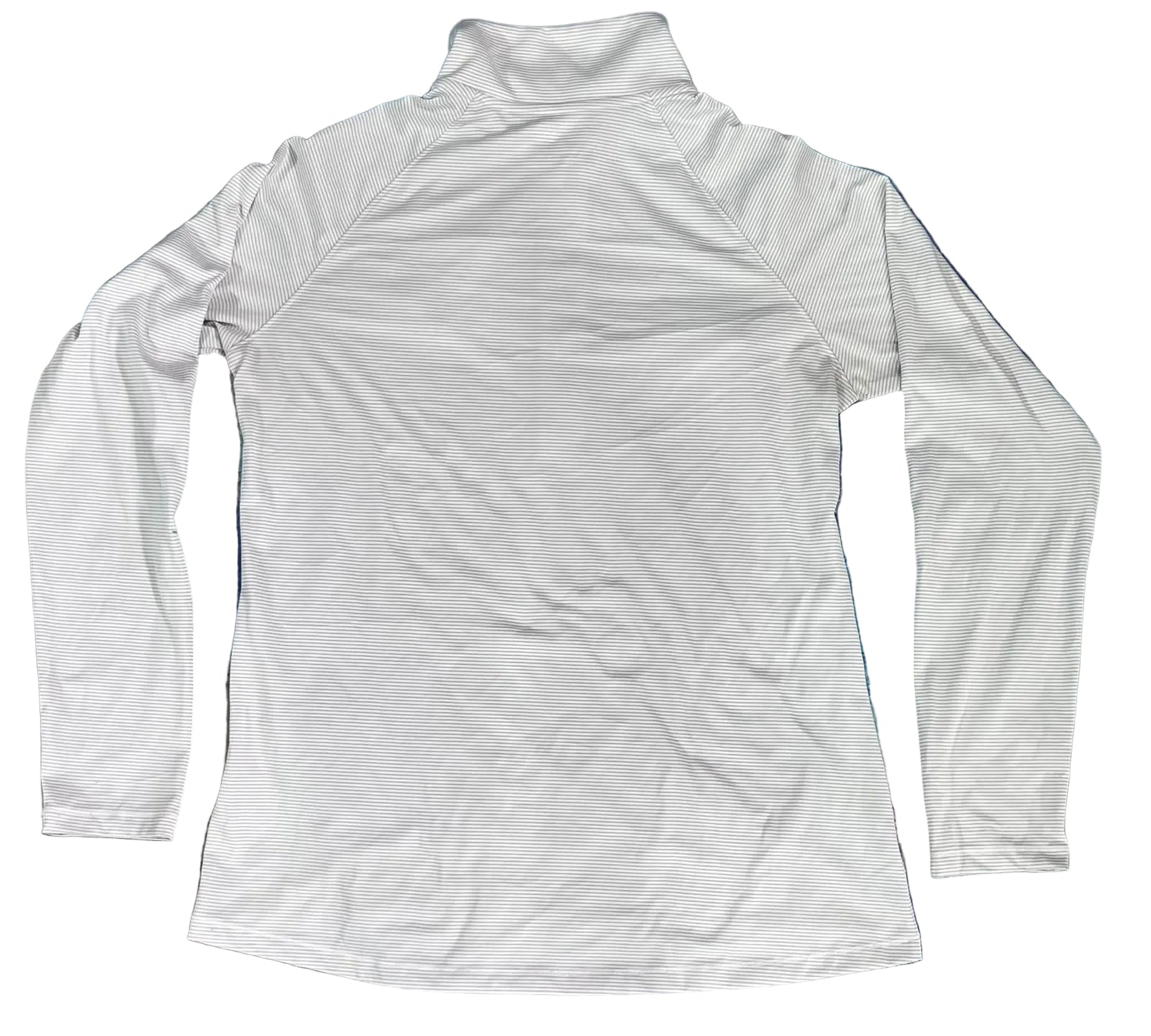 A white long-sleeve athletic top with a mock neck collar,