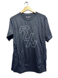 Black t-shirt with 'RUN' logo on a hanger against a white background