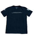 A black short-sleeve t-shirt with white text on the chest and white graphic prints on both sleeves,
