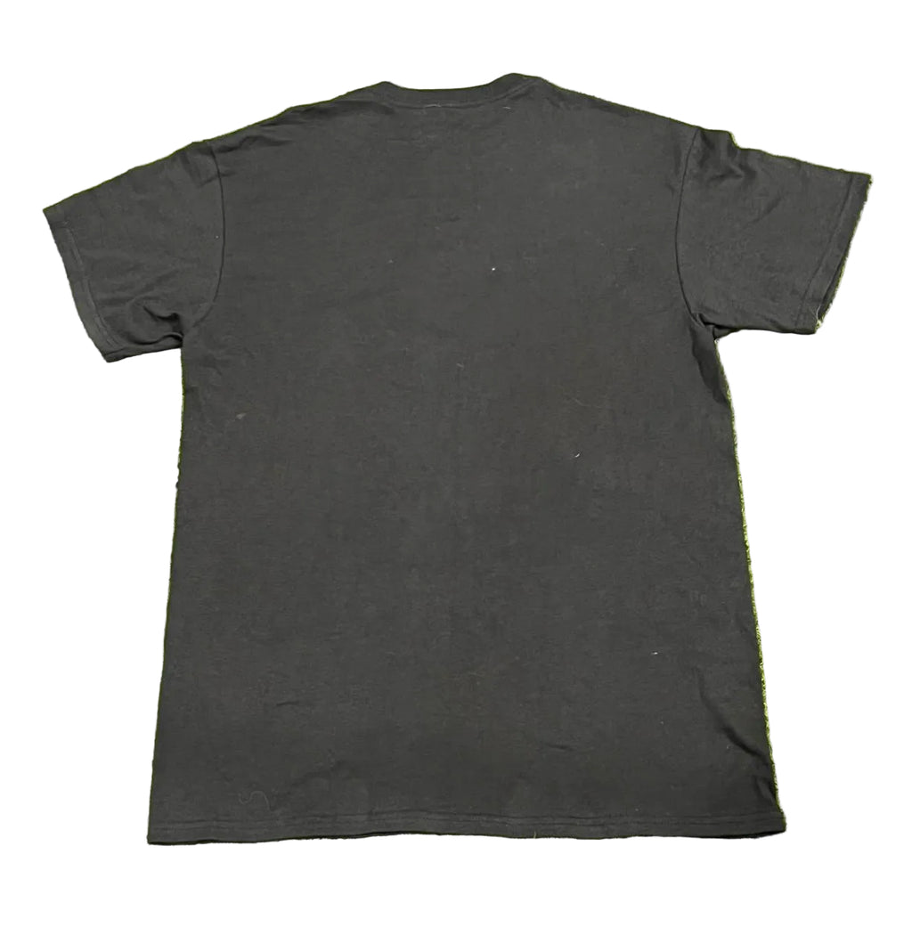 A plain black short-sleeve t-shirt white background.