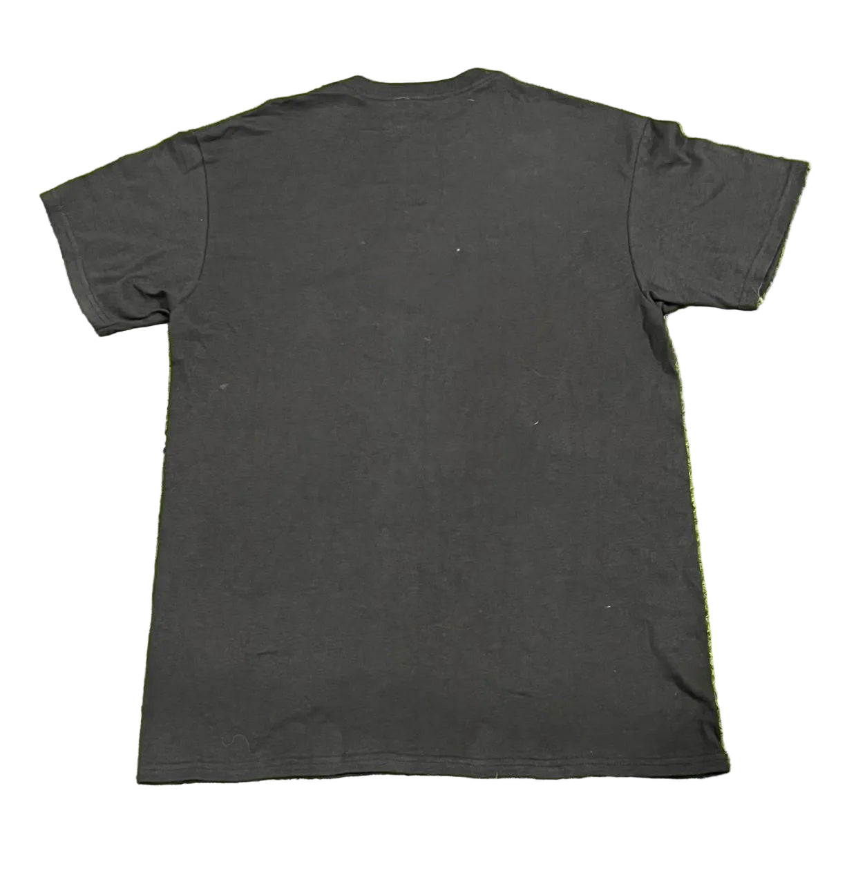 A plain black short-sleeve t-shirt white background.