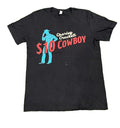 A black short-sleeve graphic t-shirt  The shirt features a graphic of a cowboy silhouette in blue, with the text 'Charley Crockett $10 COWBOY' in red and white.