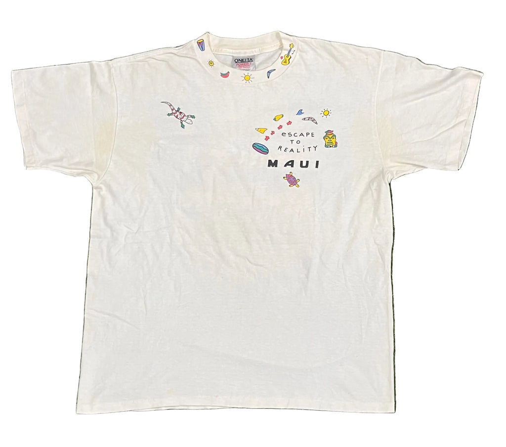 A white short-sleeve graphic T-shirt laid flat on white background The shirt features a colorful chest print with the words 'ESCAPE FROM MAUI' and small tropical-themed illustrations, including a coconut, palm tree, and fish.