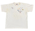 A white short-sleeve graphic T-shirt laid flat on white background The shirt features a colorful chest print with the words 'ESCAPE FROM MAUI' and small tropical-themed illustrations, including a coconut, palm tree, and fish.