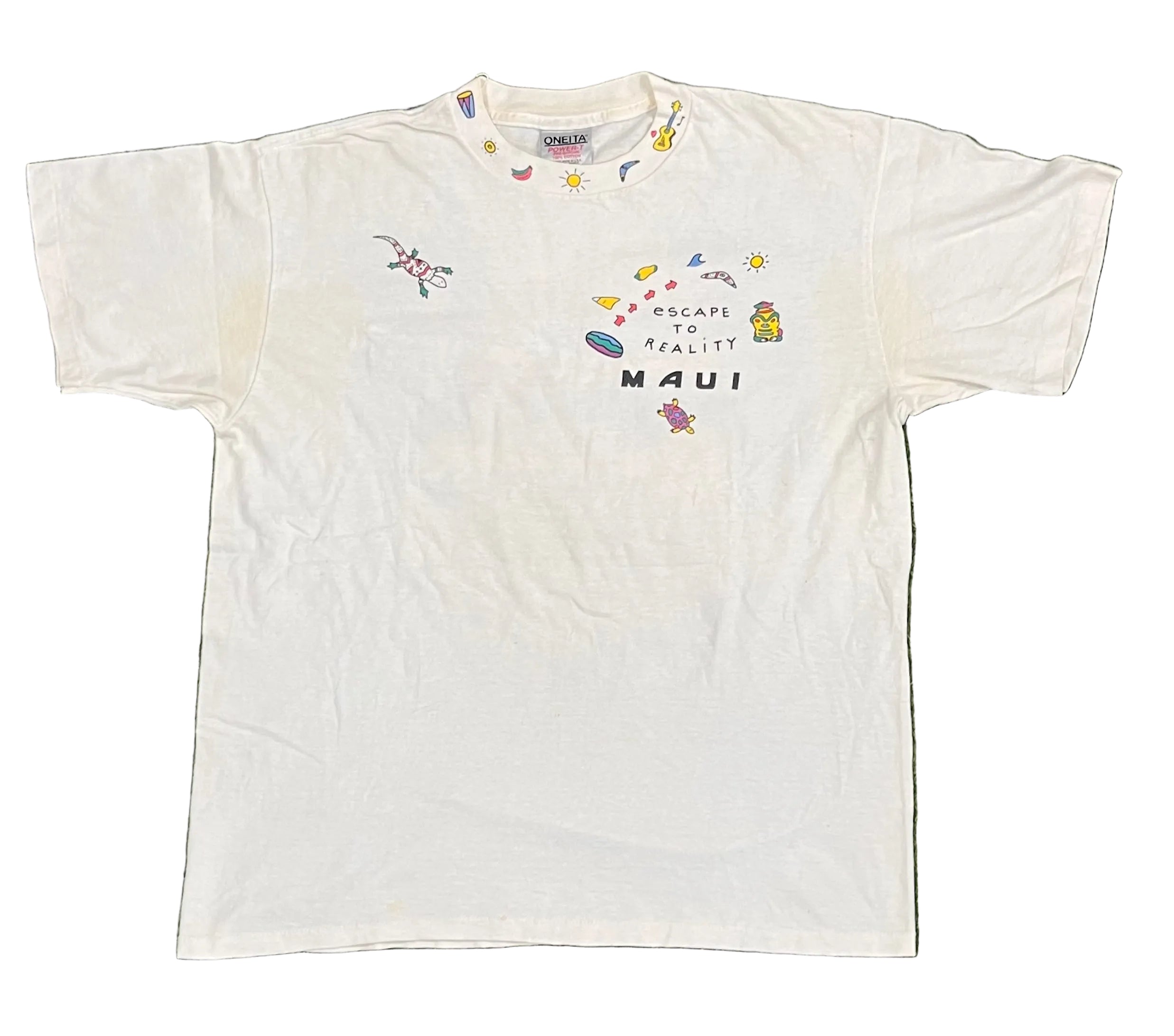 A white short-sleeve graphic T-shirt laid flat on white background The shirt features a colorful chest print with the words 'ESCAPE FROM MAUI' and small tropical-themed illustrations, including a coconut, palm tree, and fish.