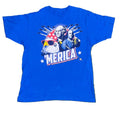 A royal blue short-sleeve graphic t-shirt laid flat on white background The front of the shirt features a patriotic graphic with George Washington, a bald eagle wearing a red and white star-spangled hat and yellow sunglasses, and the text 'AMERICA' in white with red and blue outlines.