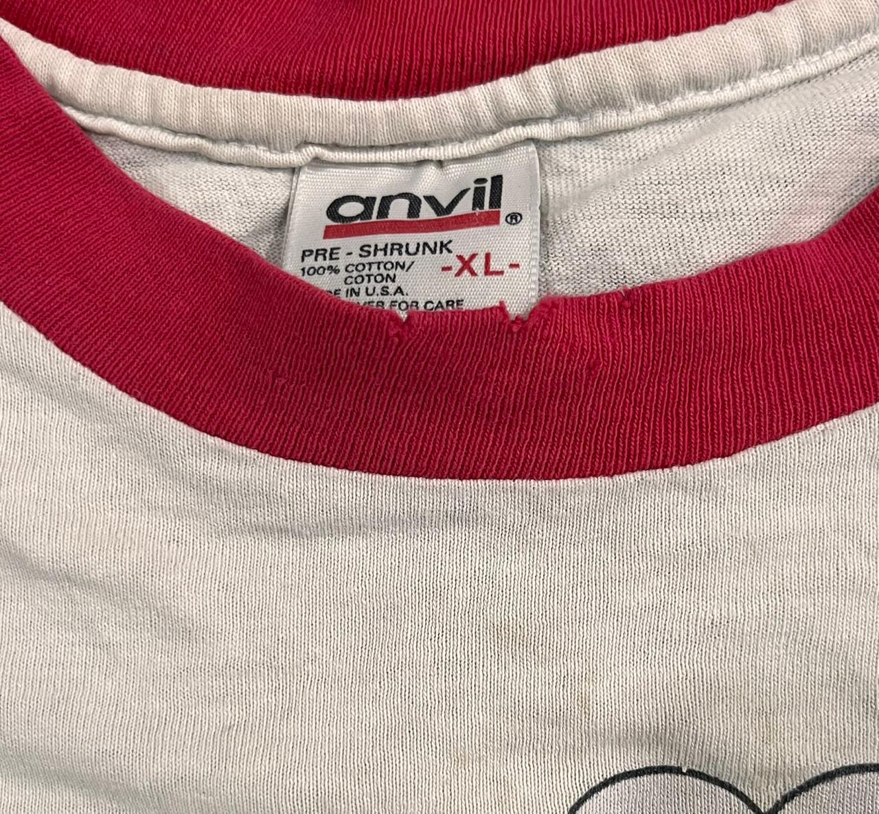 Close-up of a gray t-shirt with red trim and an Anvil label.