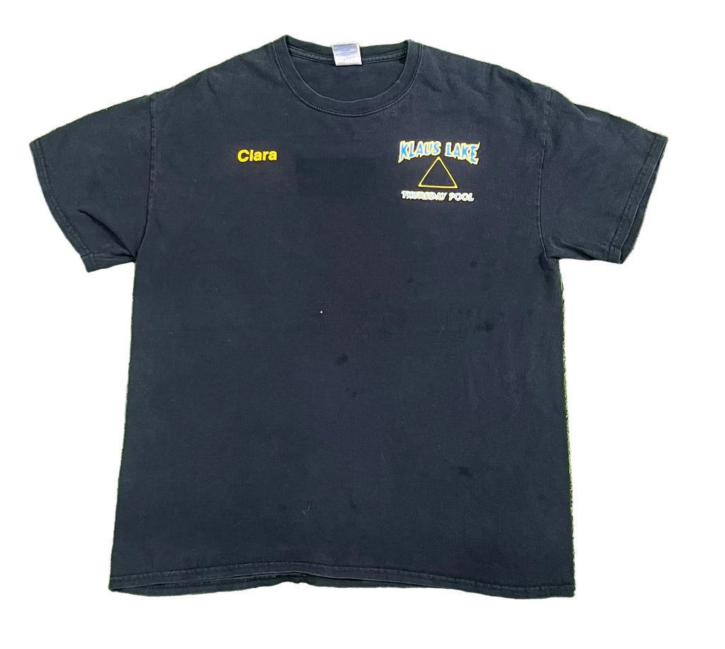 A black short-sleeve t-shirt  The shirt features a yellow 'Ciera' name print on the right chest and a yellow and white 'Blades Lake Threading Pool' graphic on the left chest.