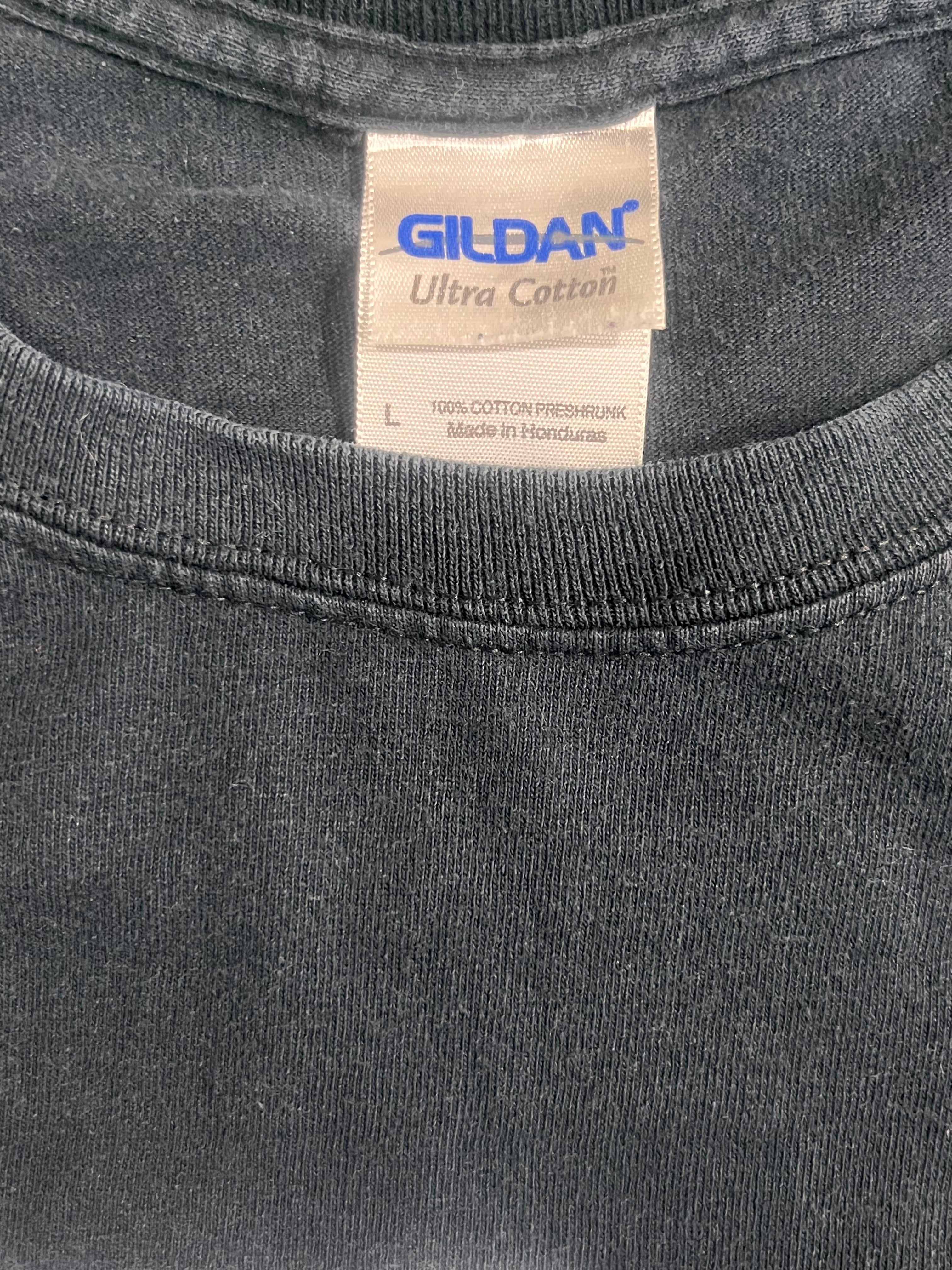 Close-up of a dark gray heathered cotton t-shirt showing the inner neck label which reads Gildan Ultra Cotton.