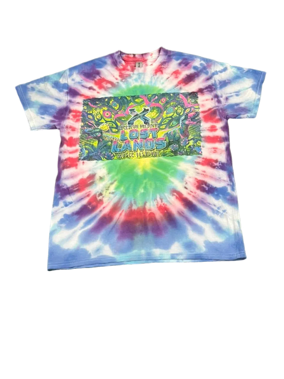 Tie-dye t-shirt with a colorful graphic on a white background