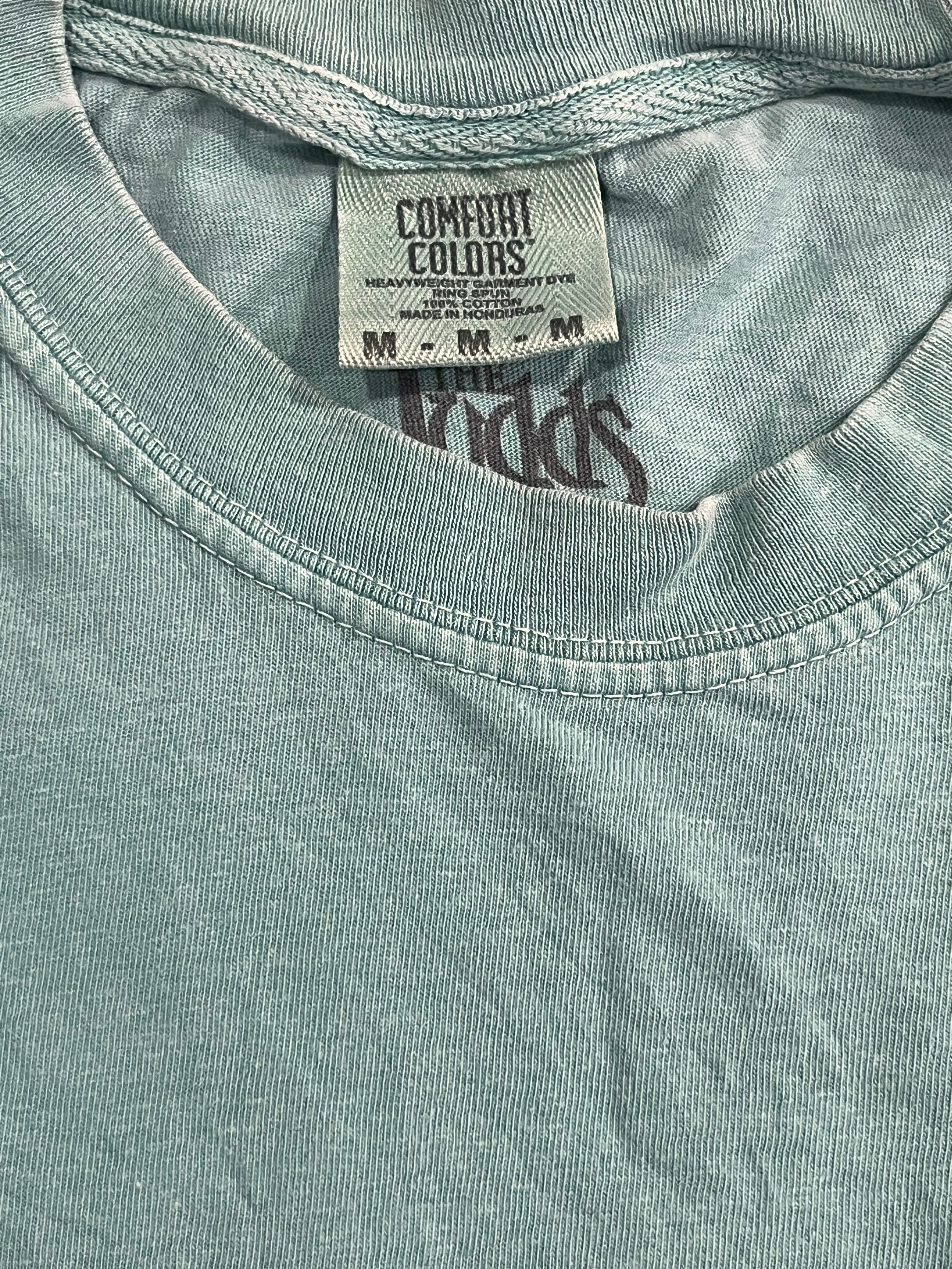 Close-up of a light sage green t-shirt showing the inner neck label which reads 'COMFORT COLORS' and 'MY / ME'.