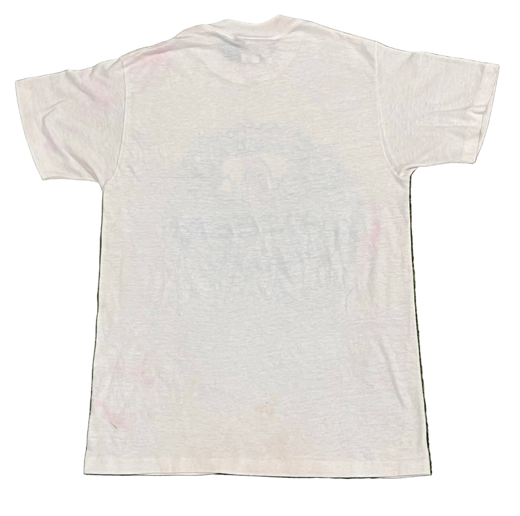 A white short-sleeve t-shirt showing a faint, faded graphic print on the back.